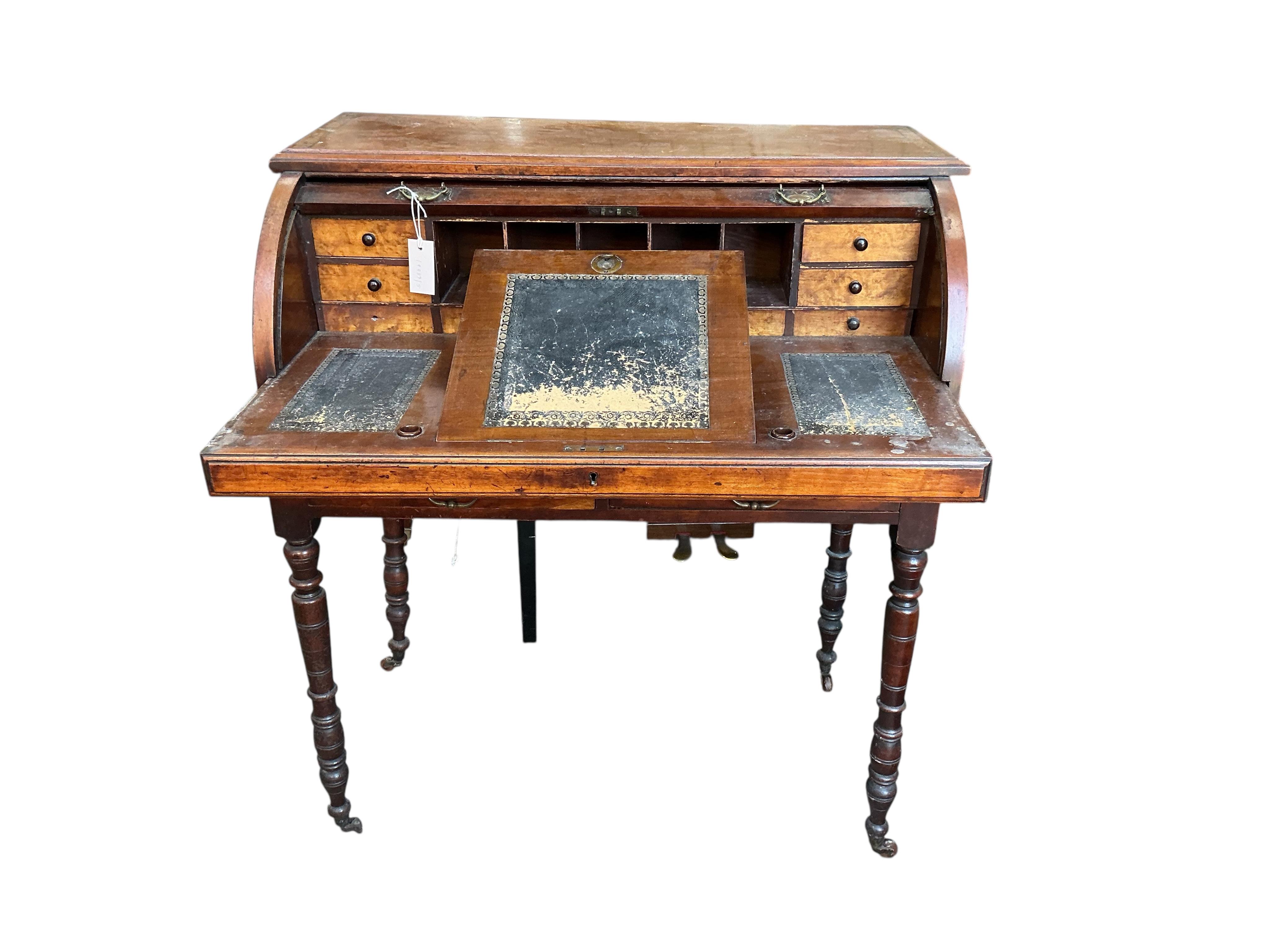 A late Victorian mahogany cylinder bureau, lacking superstructure, width 91cm, depth 52cm, height 102cm